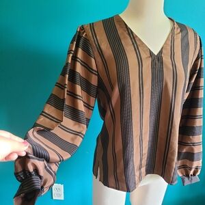 size medium/ Vintage 1980s 1990s brown and black striped blouse balloon sleeve v